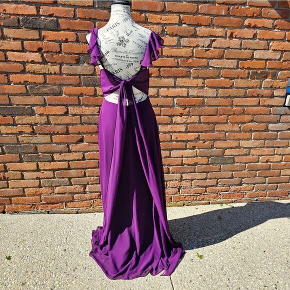 Azazie Ruffle Sleeve Burgandy Chiffon Floor Length Dress - Picture 8 of 16